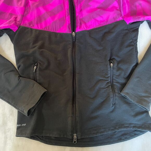Nike Fanatic Running Dri-FIT Jacket Womens M Pink Black Bolt Hood Zip Reflective - Picture 8 of 14